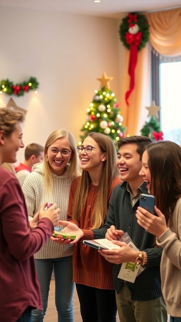 Youth group enjoying Christmas games with decorations and laughter.